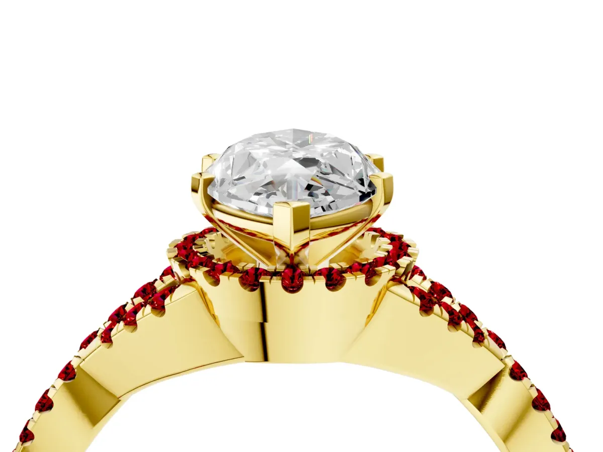 Marquise Cut Diamond Ruby Halo Twist Band Solitaire Prong Setting Ring Yellow gold