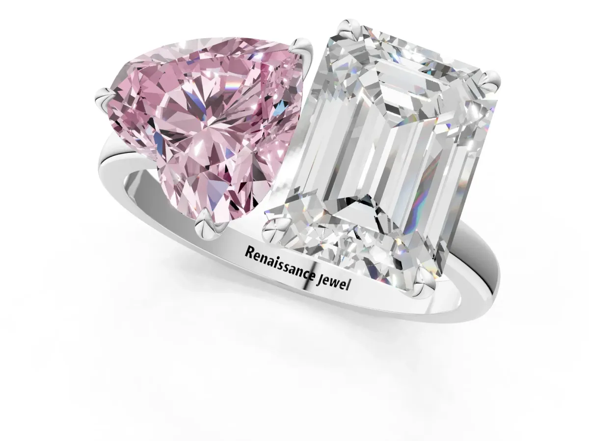 Fancy Pink Heart Cut and Emerald Cut Toi Moi Ring with Prong Setting White gold