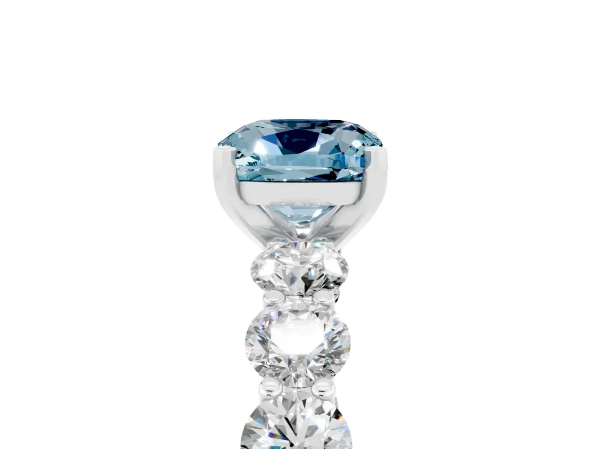 Cushion Cut Aquamarine Prong Setting with Side Stones on a Pave Band Silver