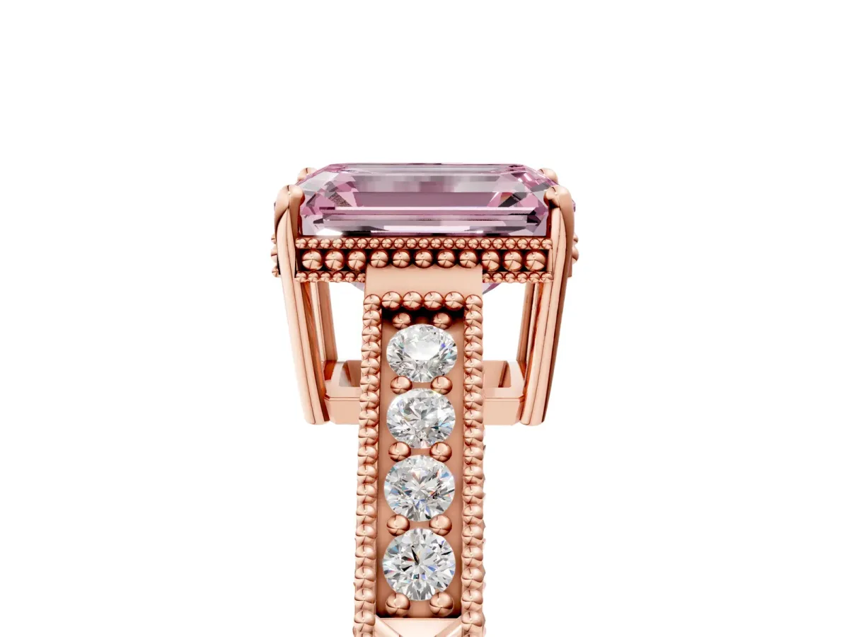 Fancy Pink Emerald Cut Cut Diamond Milgrain Pave Band Four-Prong Setting Ring Rose gold