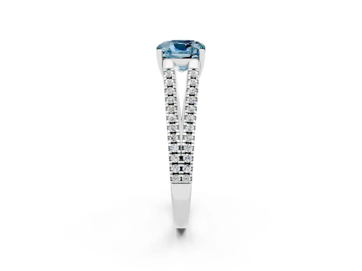 Cushion Cut Aquamarine Solitaire Engagement Ring with Split Shank Pavé Band Silver