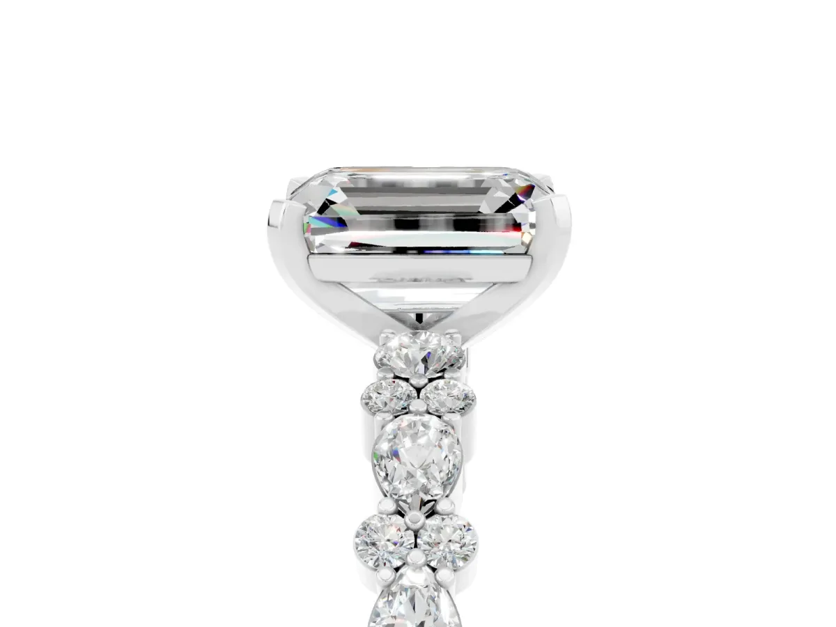 Emerald Cut Moissanite Side Stone Solitaire Ring with Round and Four-Prong Setting White gold