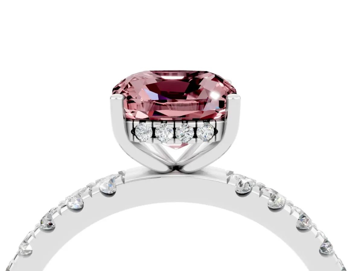 Cushion Cut Morganite Pave Band Solitaire Ring with Round and Prong Setting Platinum