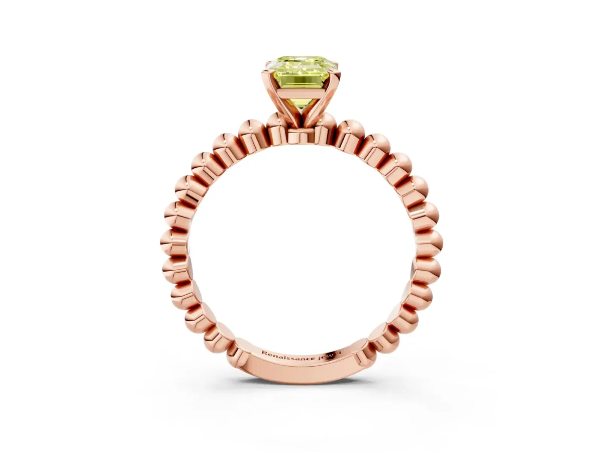 Fancy Yellow Emerald Cut Diamond Solitaire Ring with Beaded Band and Prong Setting Rose gold