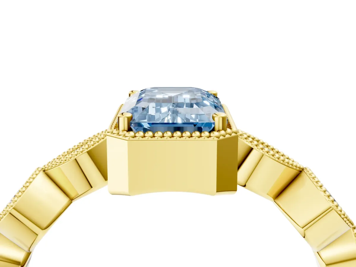 Fancy Blue Emerald Cut Diamond Vintage Milgrain Ring with Round Stations Yellow gold