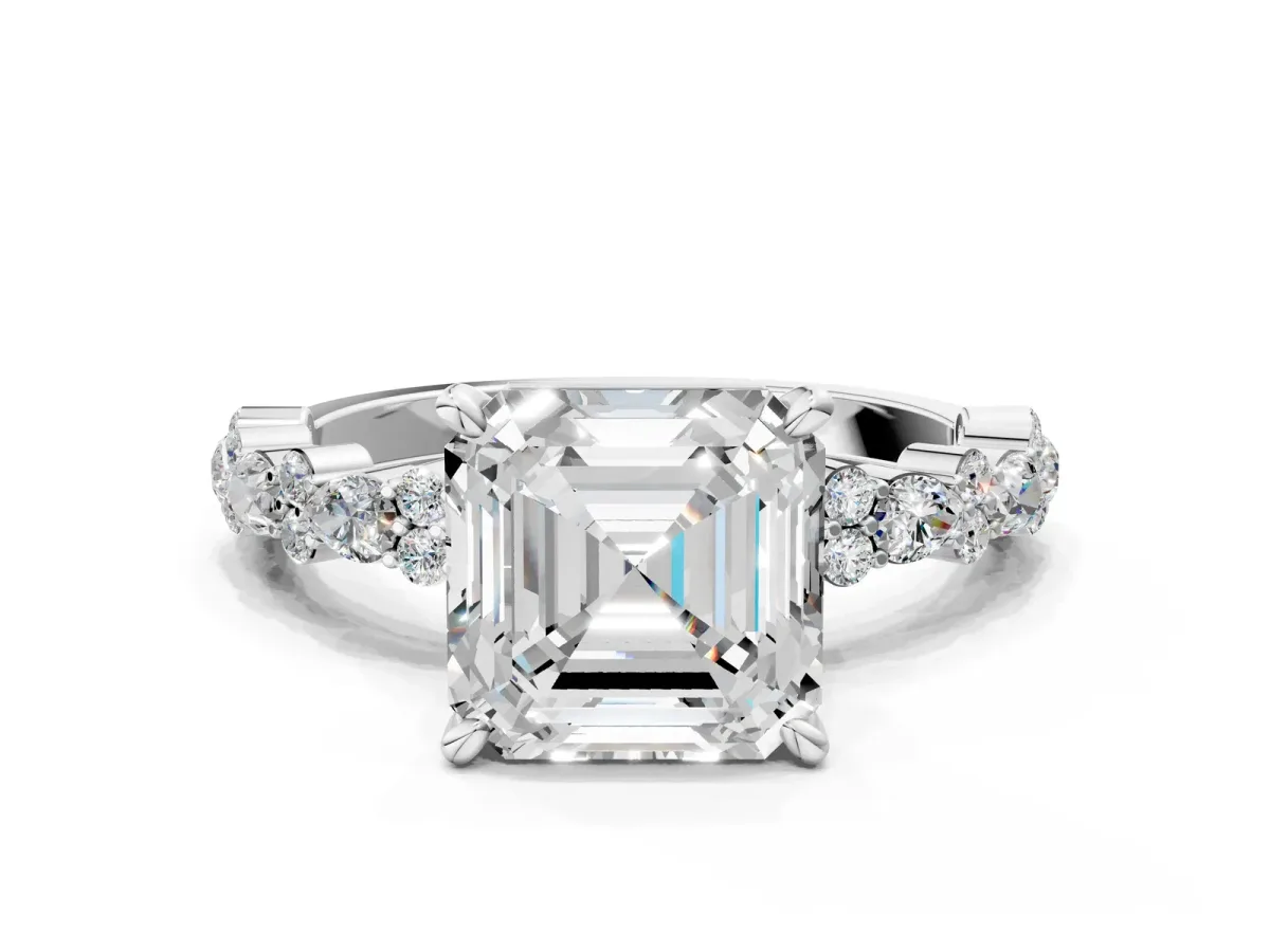 Asscher Cut Diamond Side Stone Solitaire Ring with Round and Four-Prong Setting Silver