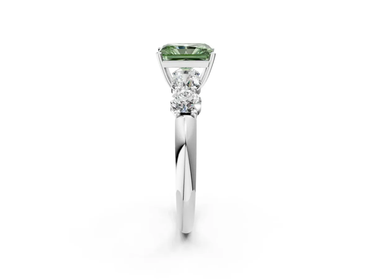 Fancy Green Radiant Cut Cut Five-Stone Prong Set Diamond Ring with Classic Band Platinum