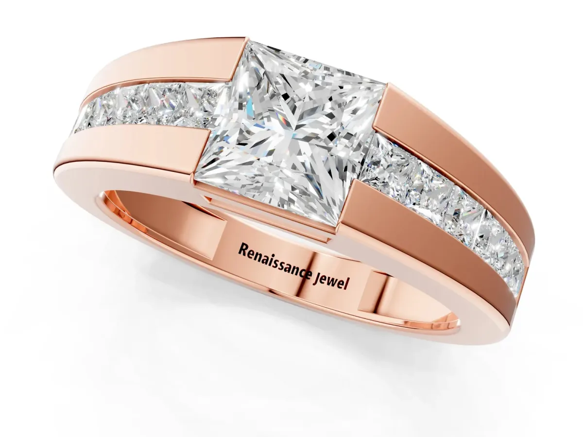 Princess Diamond Channel Set Mens Ring Rose gold
