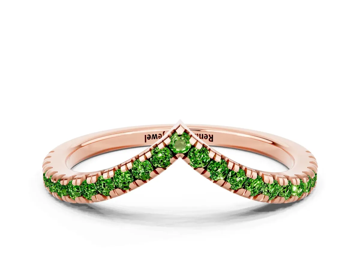 Pavé Round Peridot V-Shaped Chevron Band with Shared Prong Setting Rose gold