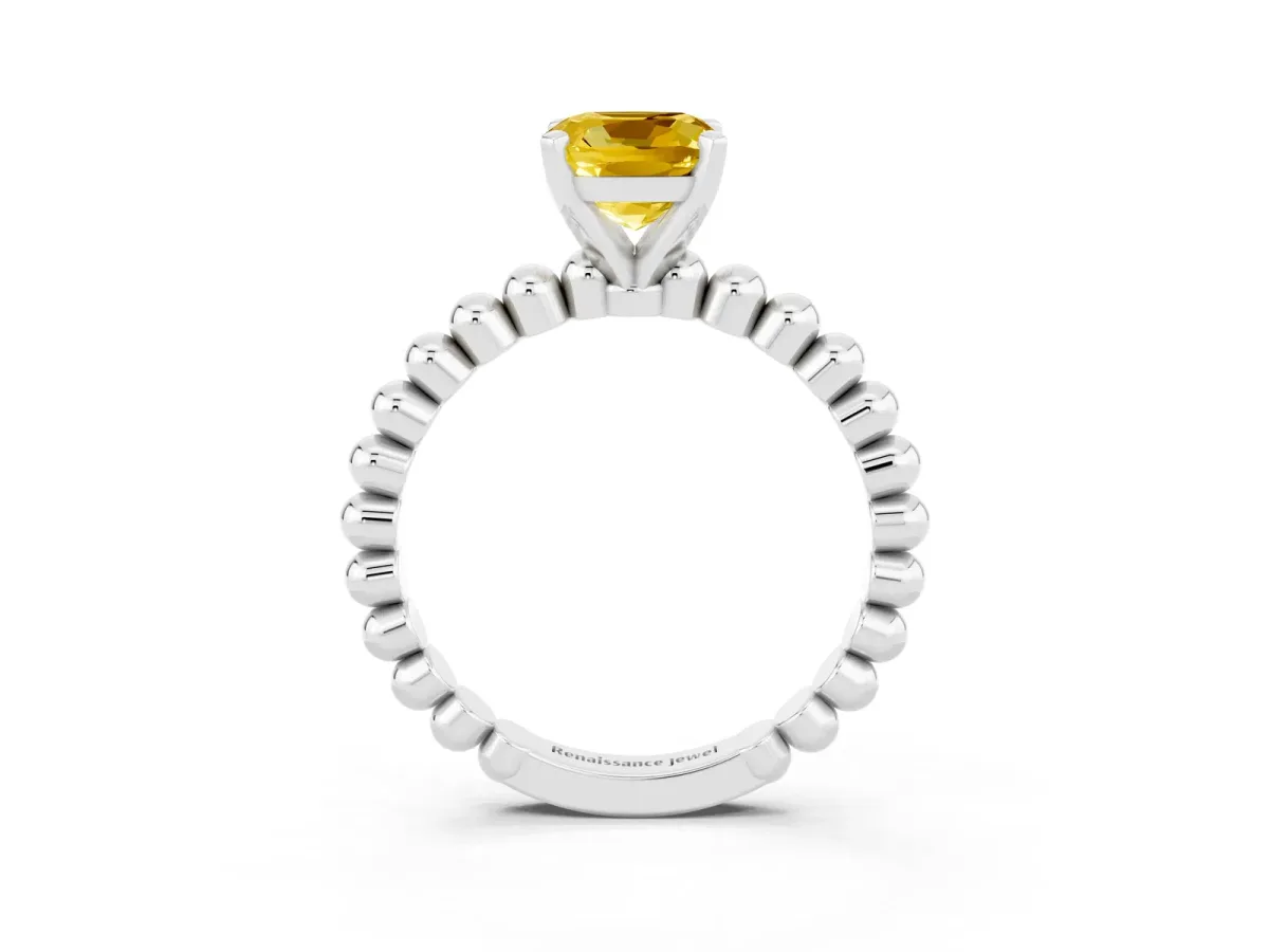 Cushion Cut Yellow Sapphire Solitaire Ring with Beaded Band and Prong Setting Silver