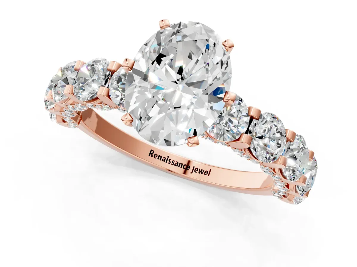 Oval Cut Diamond Side Stone Engagement Ring with Four-Prong Setting Rose gold