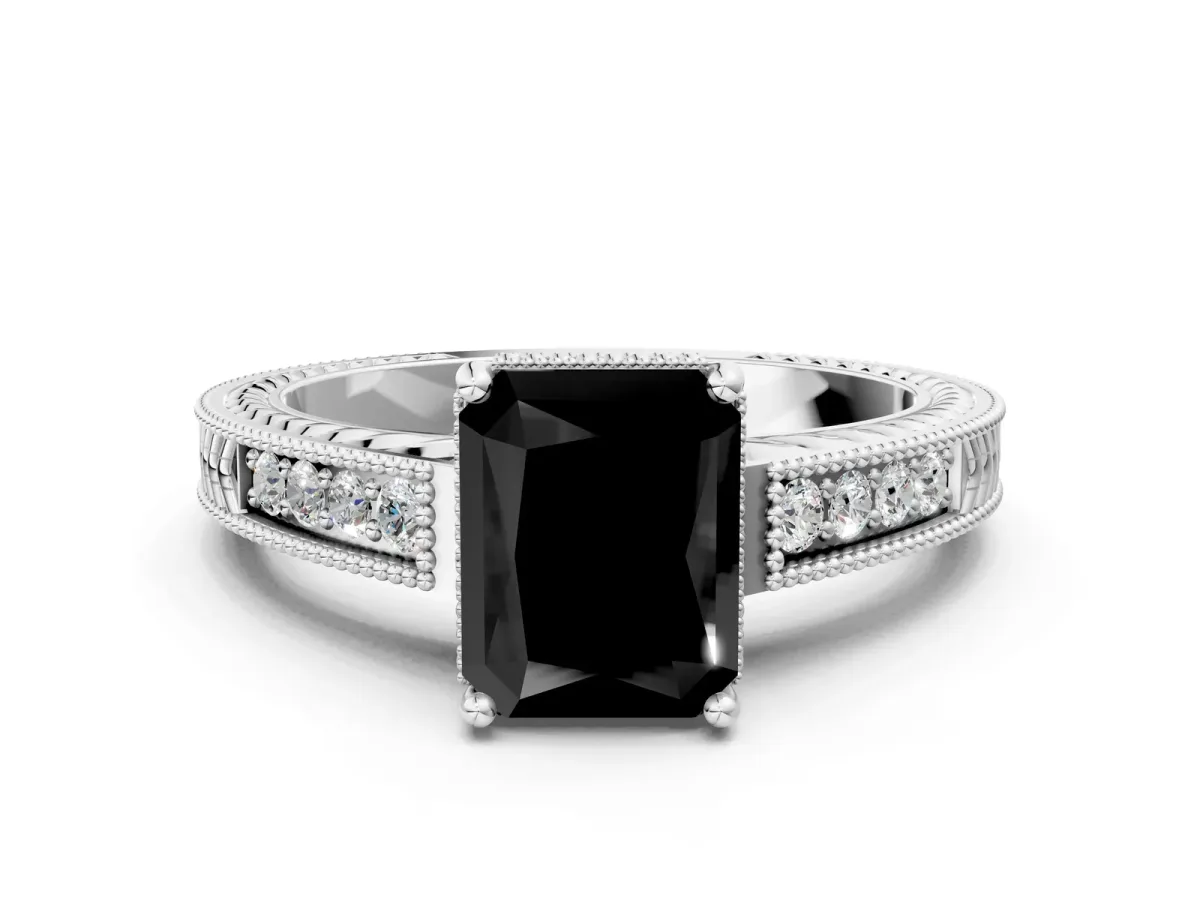Fancy Black Radiant Cut Cut Diamond Milgrain Pave Band Four-Prong Setting Ring Platinum