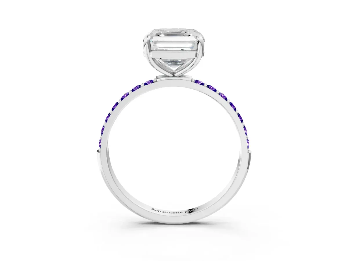 Asscher Cut Diamond Solitaire Ring with Round Tanzanite Pavé Band and Prong Setting Silver