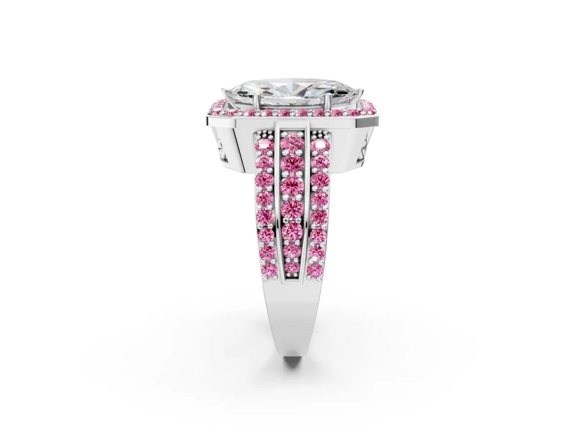 Marquise Cut Halo Diamond Ring with Round Pink Sapphire Split Shank and Prong Setting Silver