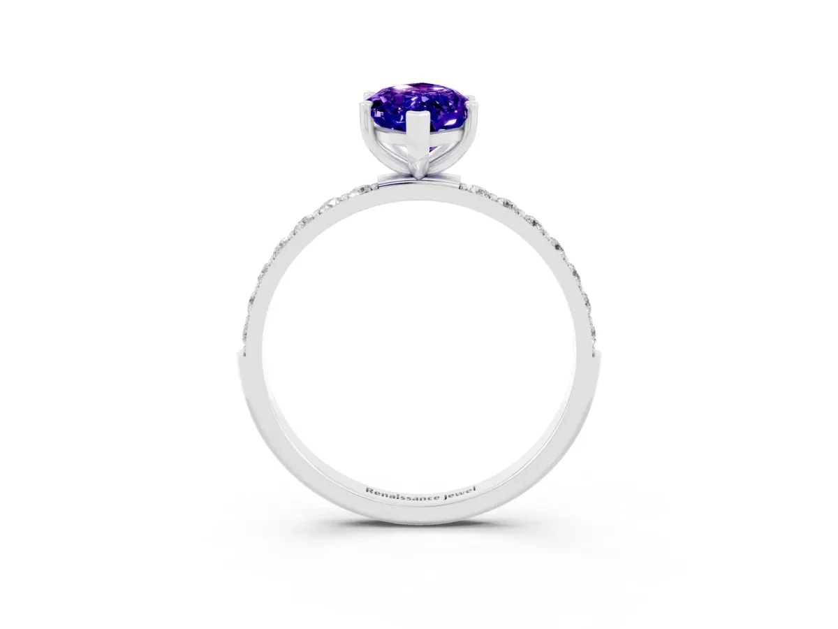 Marquise Cut Tanzanite Solitaire Ring with Round Pavé Band and Prong Setting Silver