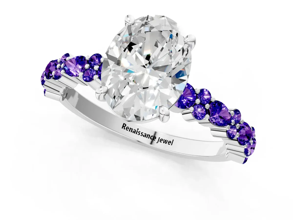 Oval Cut Diamond Side Stone Solitaire Ring with Round Tanzanite and Four-Prong Setting White gold