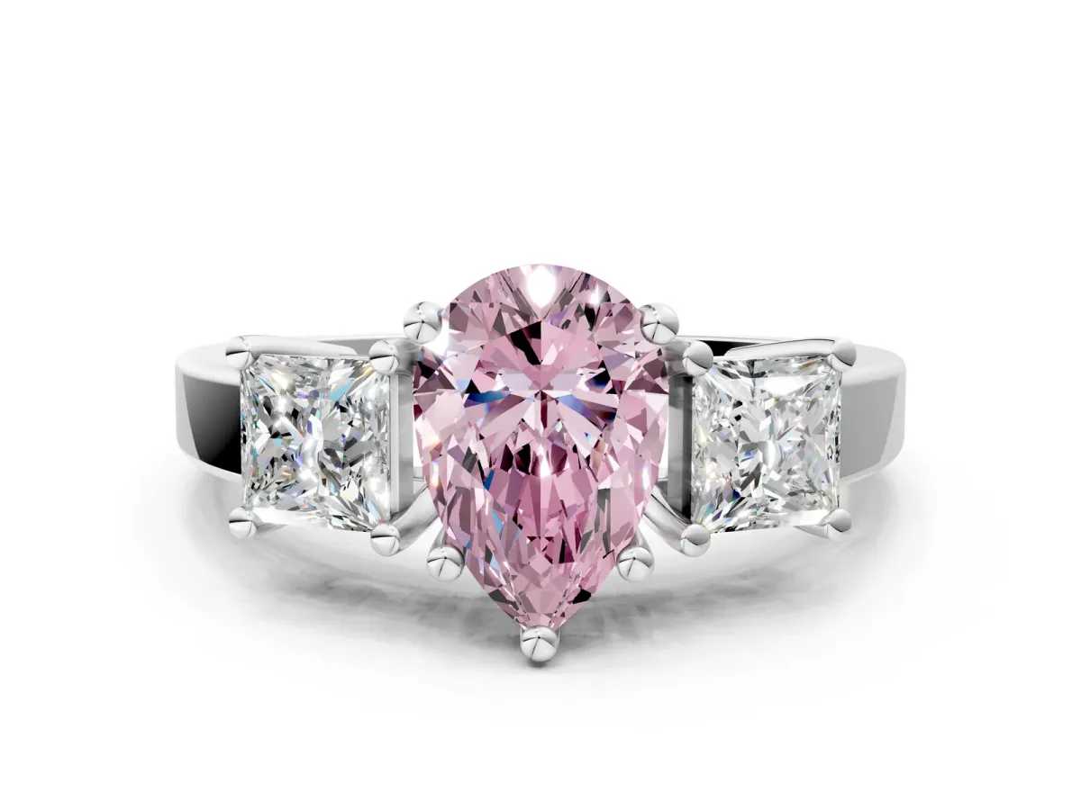 Fancy Pink Three-Stone Pear Cut Cut Solitaire Ring with Prong Setting White gold