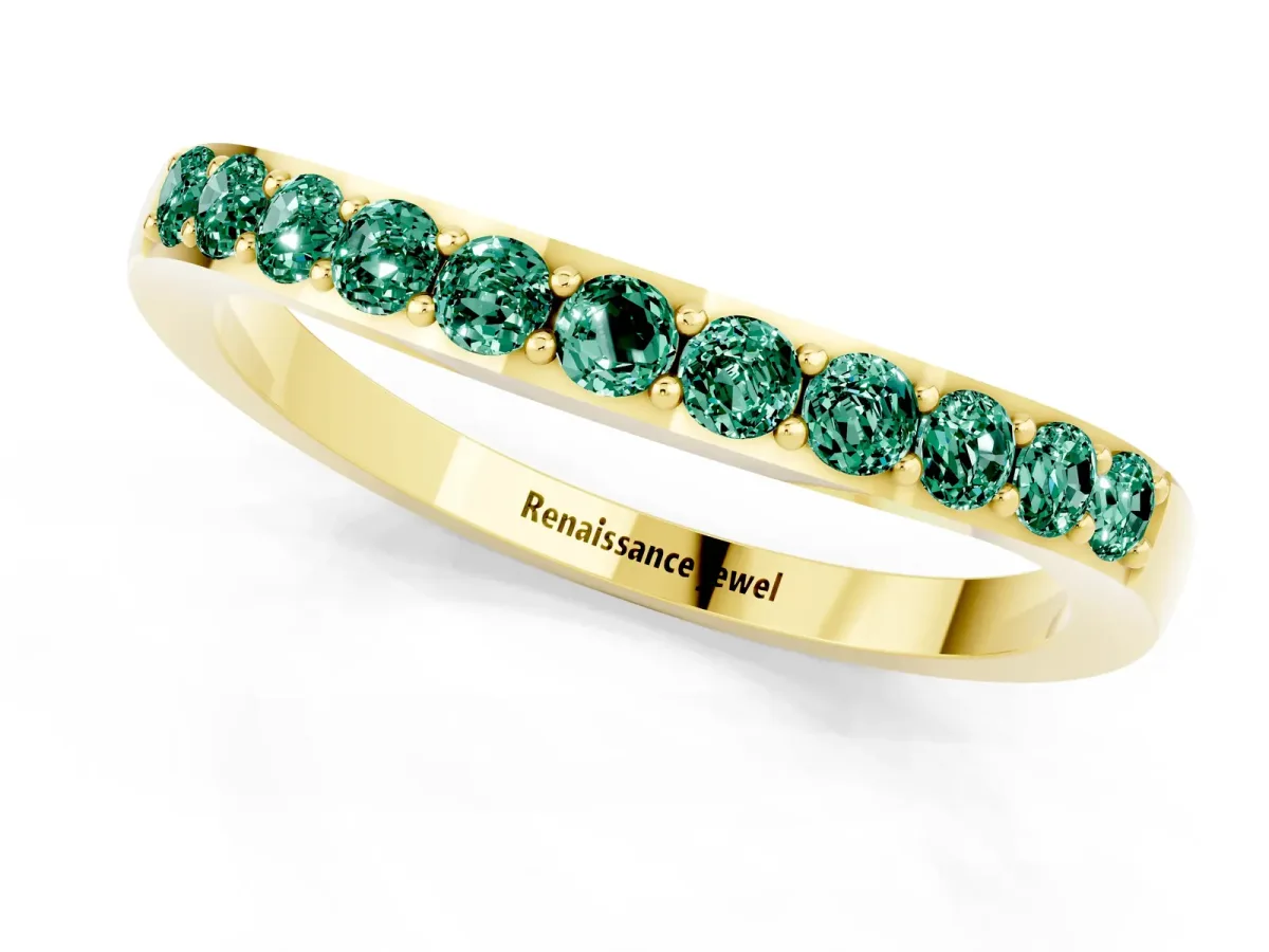 Round Green Sapphire Curved Wedding Band with Channel Setting Yellow gold