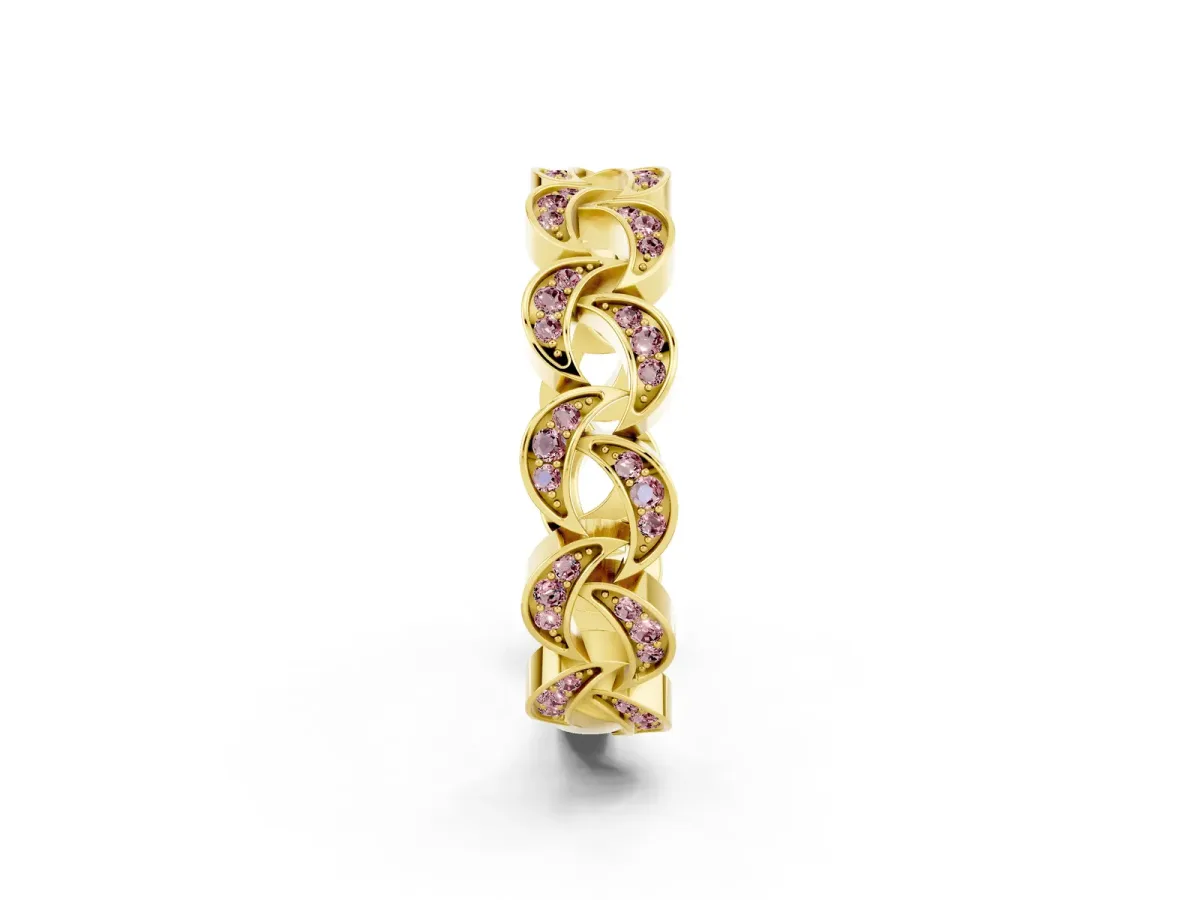Pavé Round Morganite Interlocking Eternity Band with Bezel Prong Setting Yellow gold
