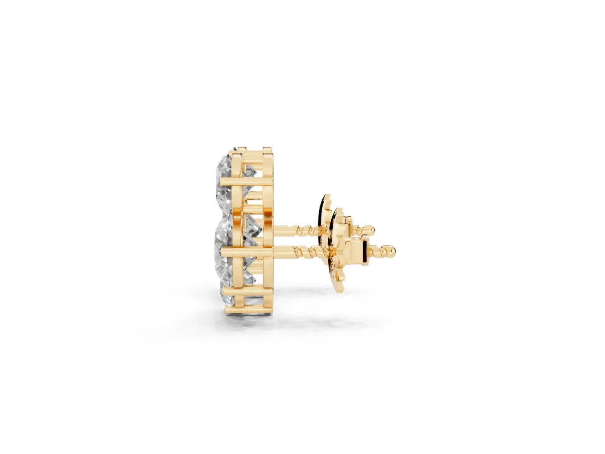 Round Cut Diamond Graduated Three-Stone Stud Earrings Yellow gold