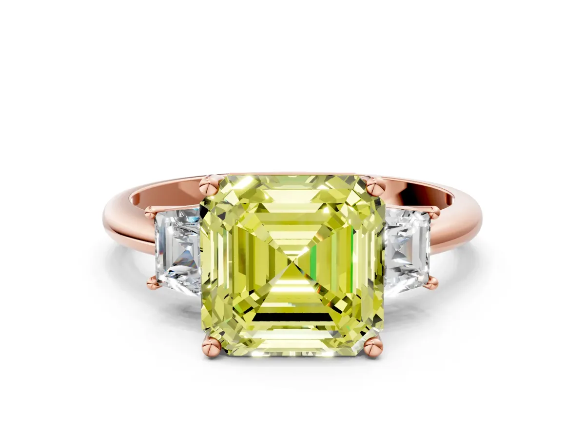 Fancy Yellow Asscher Cut Diamond Three-Stone Ring with Trapezoid Side Stones and Prong Setting Rose gold