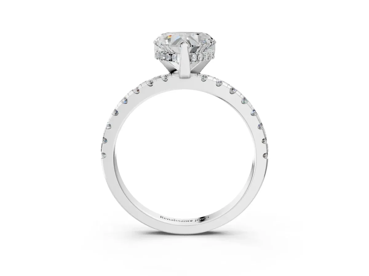 Heart Cut Diamond Solitaire Ring with Round Pavé Band and Four-Prong Setting Silver
