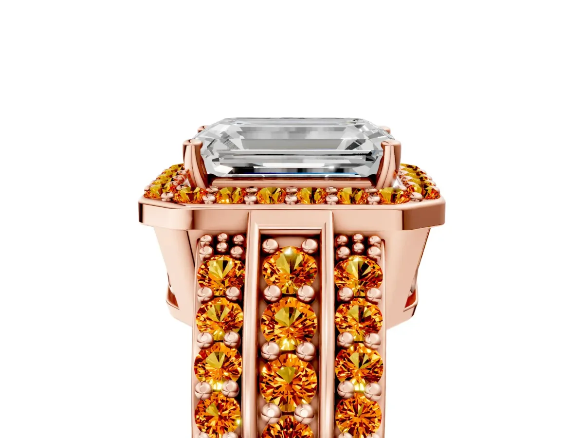 Emerald Cut Halo Diamond Ring with Round Citrine Split Shank and Prong Setting Rose gold