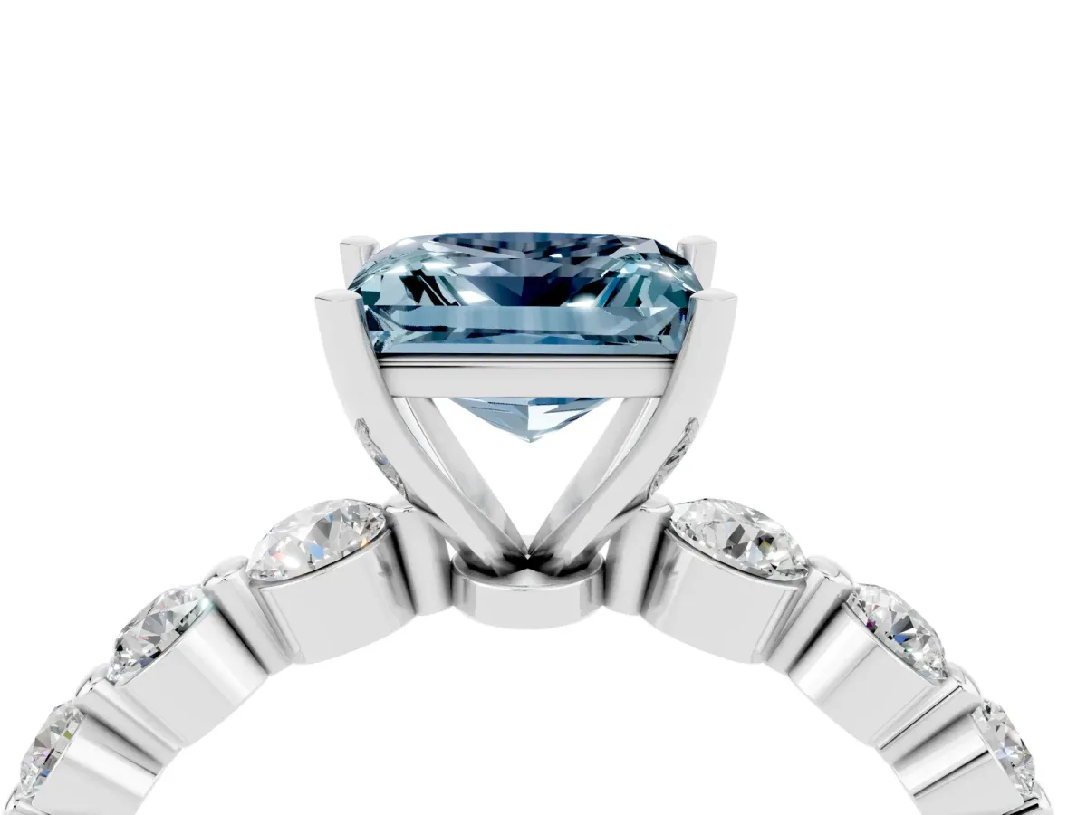 Princess Cut Solitaire Aquamarine Ring with Pave Band and Four-Prong Setting Silver
