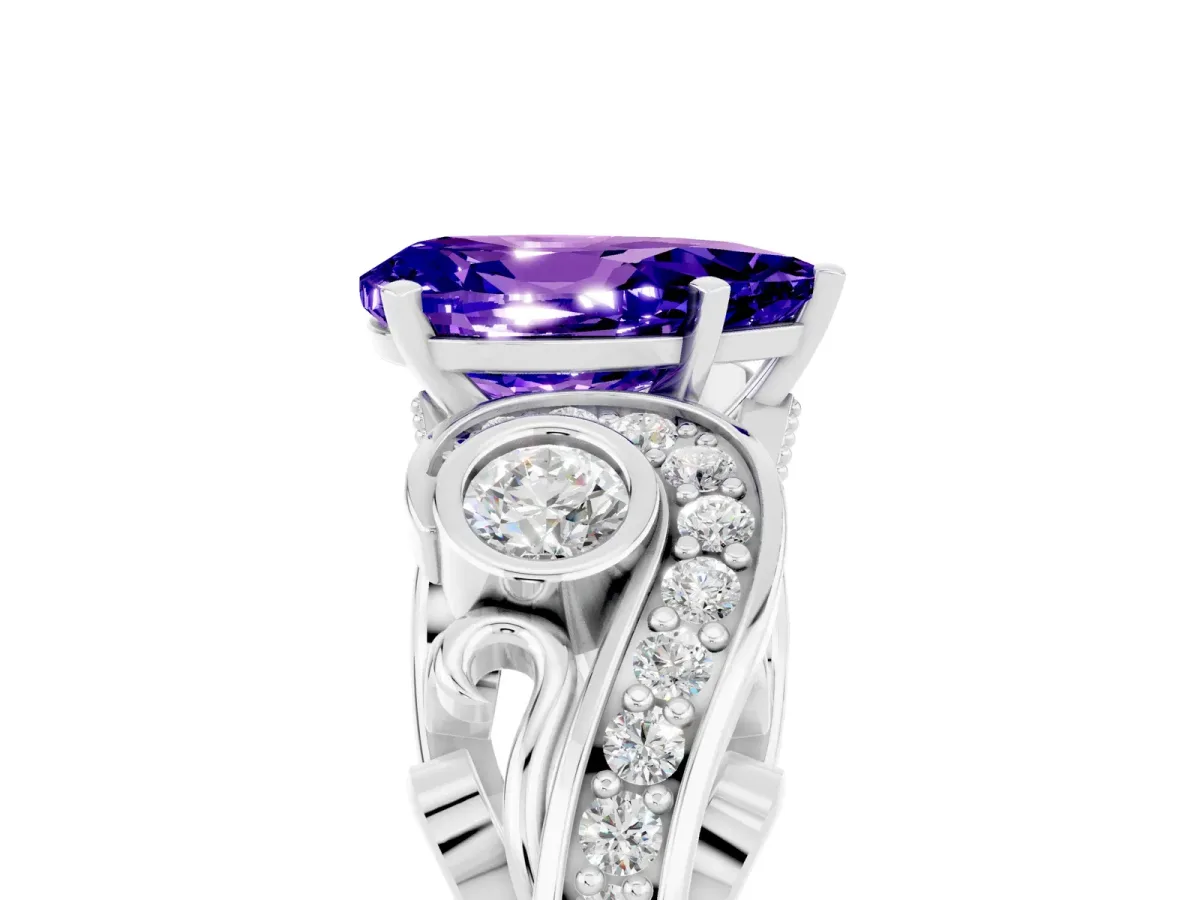 Pear Cut Tanzanite Solitaire Ring with Milgrain Pavé Band and Four-Prong Setting Silver