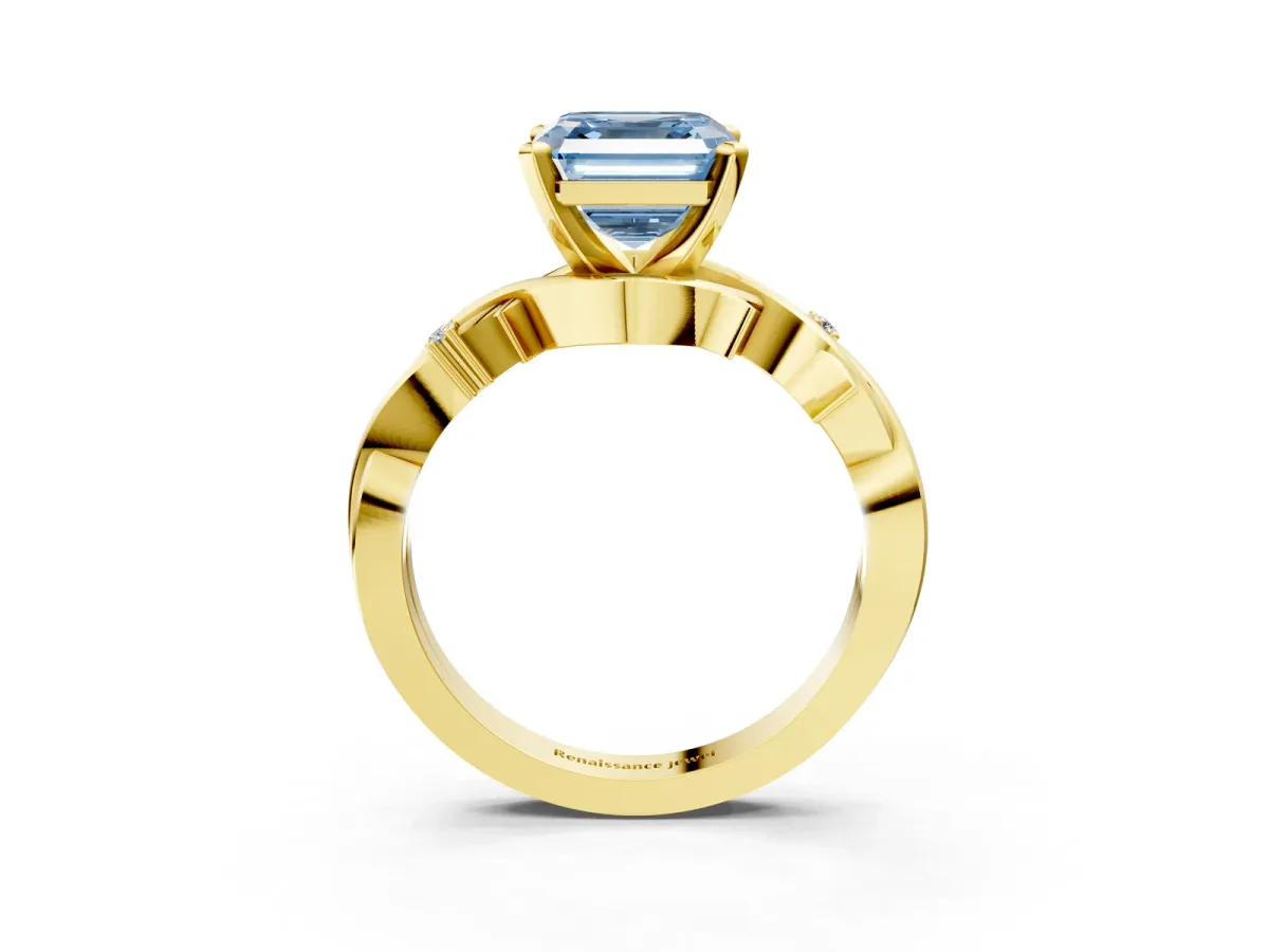 Fancy Blue Asscher Cut Diamond Solitaire Ring with Twisted Band and Prong Setting Yellow gold