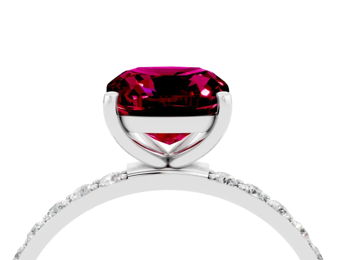 Cushion Cut Garnet Solitaire Ring with Round Pavé Band and Prong Setting Silver