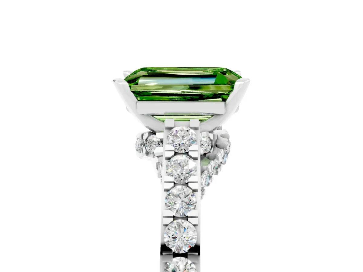 Emerald Cut Peridot Solitaire Ring with Crossover Gallery and Round Pavé Band Silver