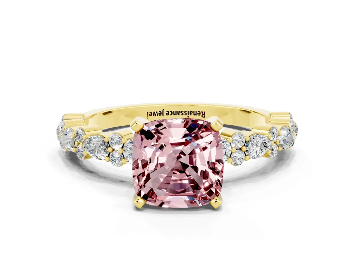 Cushion Cut Morganite Side Stone Solitaire Ring with Round and Four-Prong Setting Yellow gold