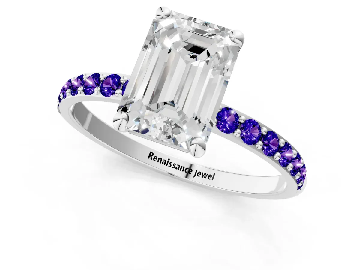 Emerald Cut Diamond Solitaire Ring with Round Tanzanite Pavé Band and Prong Setting Silver