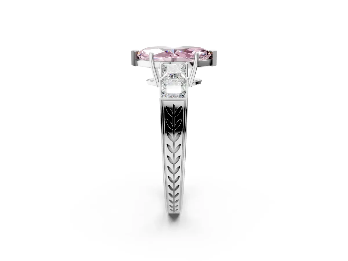 Fancy Pink Marquise Cut Solitaire Princess Side Stone Engraved Band Prong Setting Ring Silver