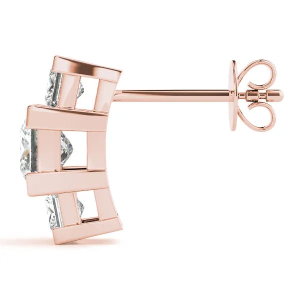 Three-Stone Princess Cut Channel Set Earrings with Bar Prong Setting Rose gold