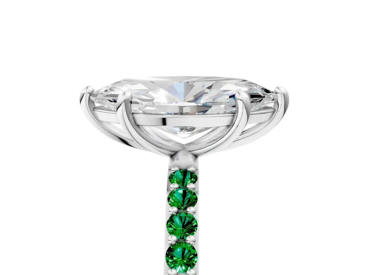 Marquise Cut Diamond Solitaire Ring with Round Emerald Pavé Band and Prong Setting Silver