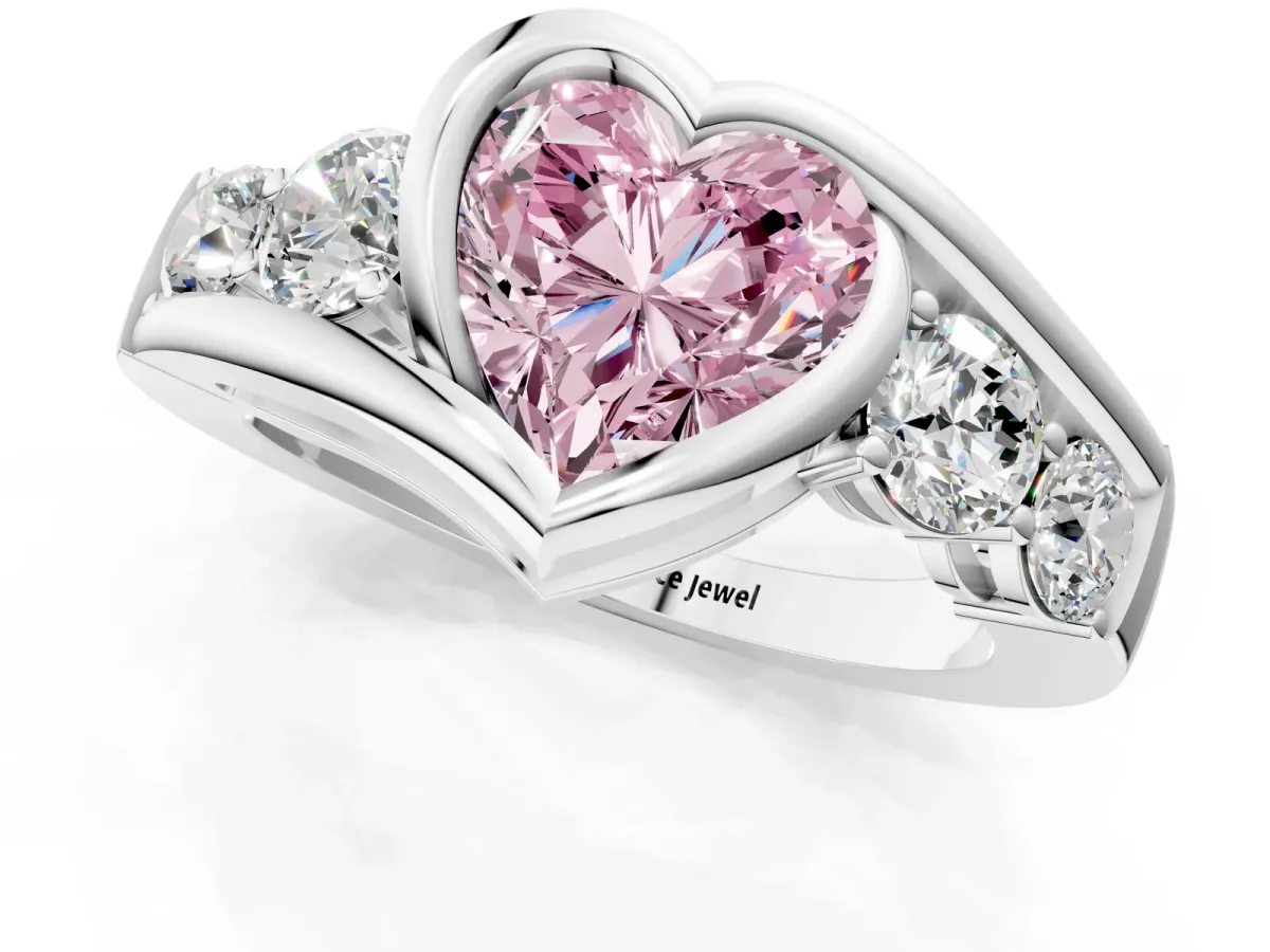 Fancy Pink Bezel Set Heart Cut Diamond Bypass Ring with Round Accents Silver