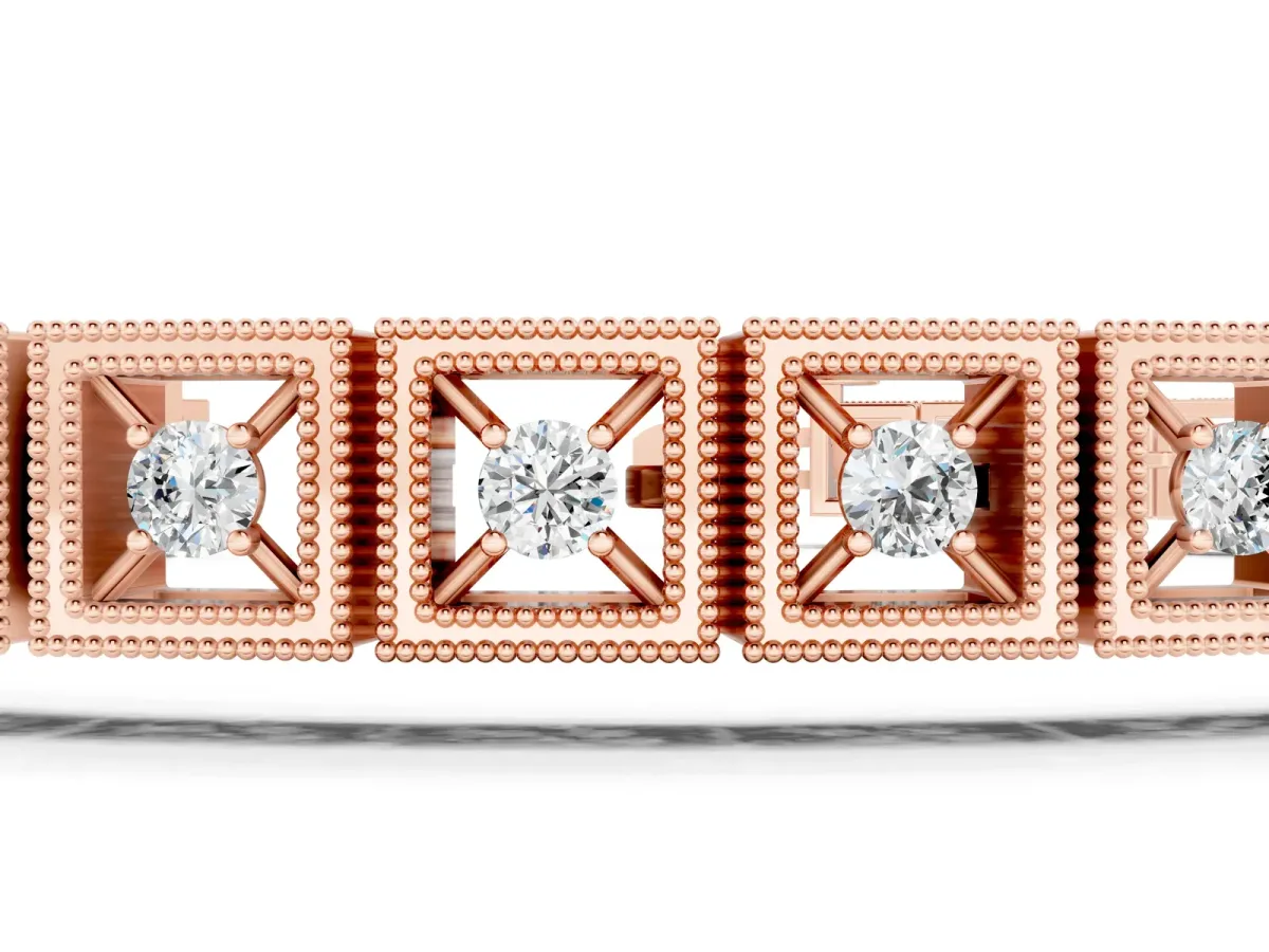 Milgrain Square Link Bracelet with Round Cut Diamonds in Bezel Setting Rose gold