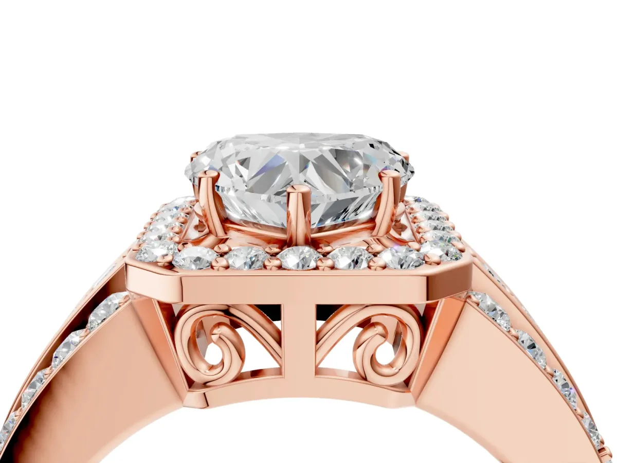 Heart Cut Halo Diamond Ring with Round Split Shank and Prong Setting Rose gold