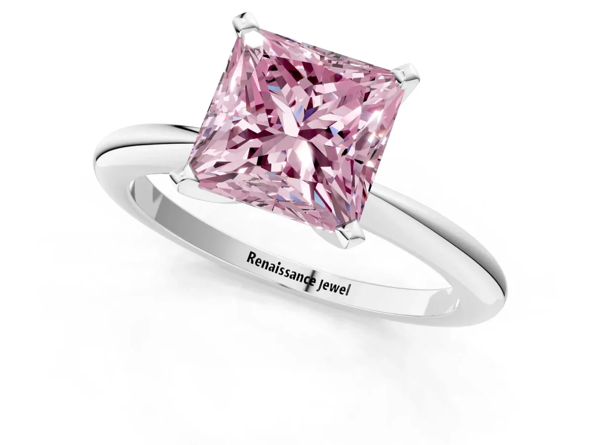 Fancy Pink Princess Cut Diamond Solitaire Ring with Six-Prong Setting and Classic Band Silver