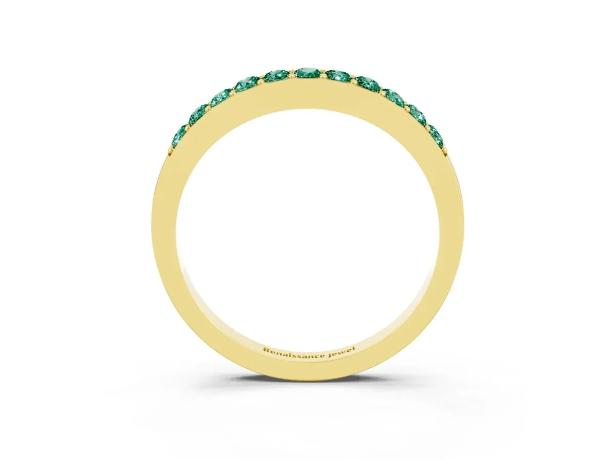 Round Green Sapphire Curved Wedding Band with Channel Setting Yellow gold