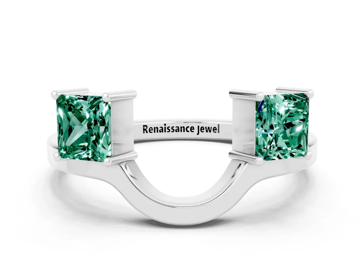 Princess Cut Green Sapphire Two-Stone Open Band Ring with Four-Prong Setting Silver