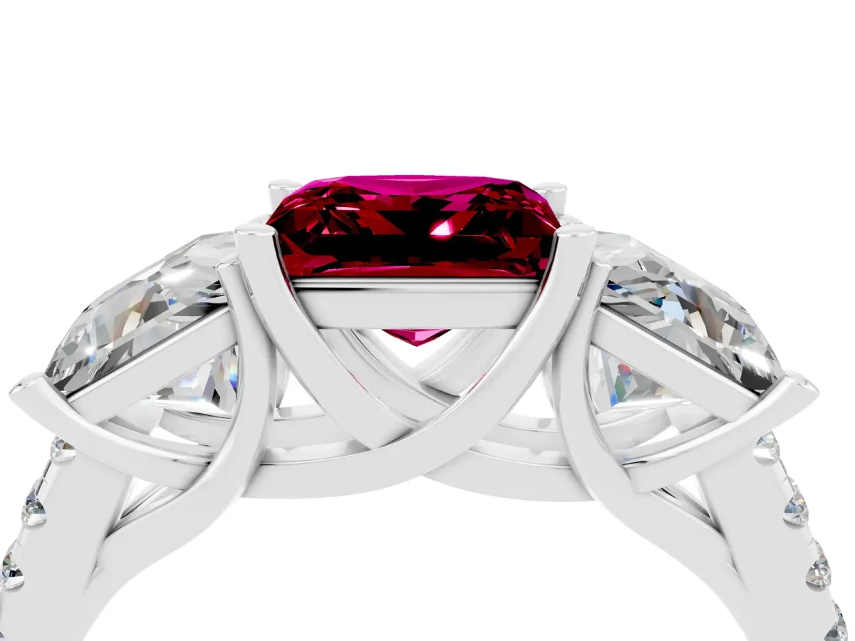 Three-Stone Princess Cut Garnet Ring with Round Pavé Band and Prong Setting Silver
