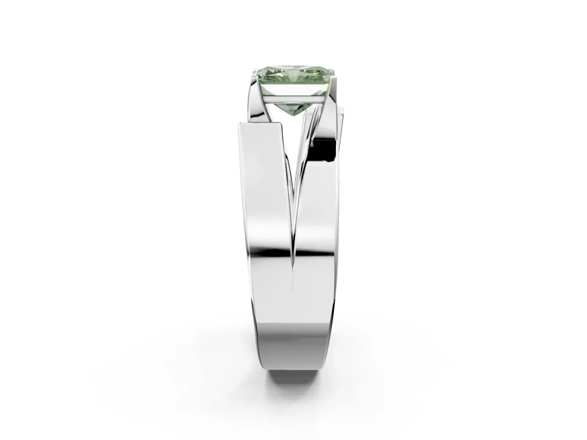Fancy Green Modern Tension Set Radiant Cut Diamond Solitaire Wide Band Ring Silver
