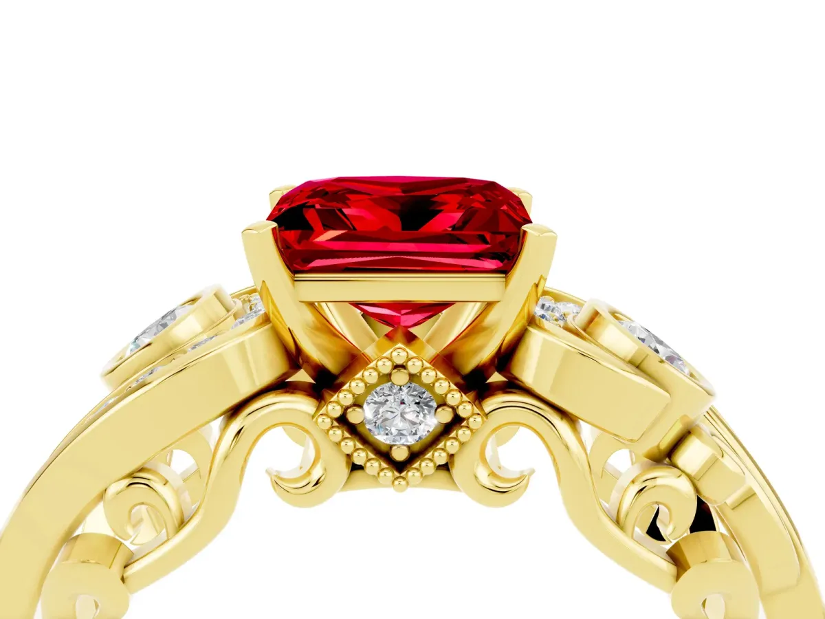 Princess Cut Ruby Solitaire Ring with Milgrain Pavé Band and Four-Prong Setting Yellow gold