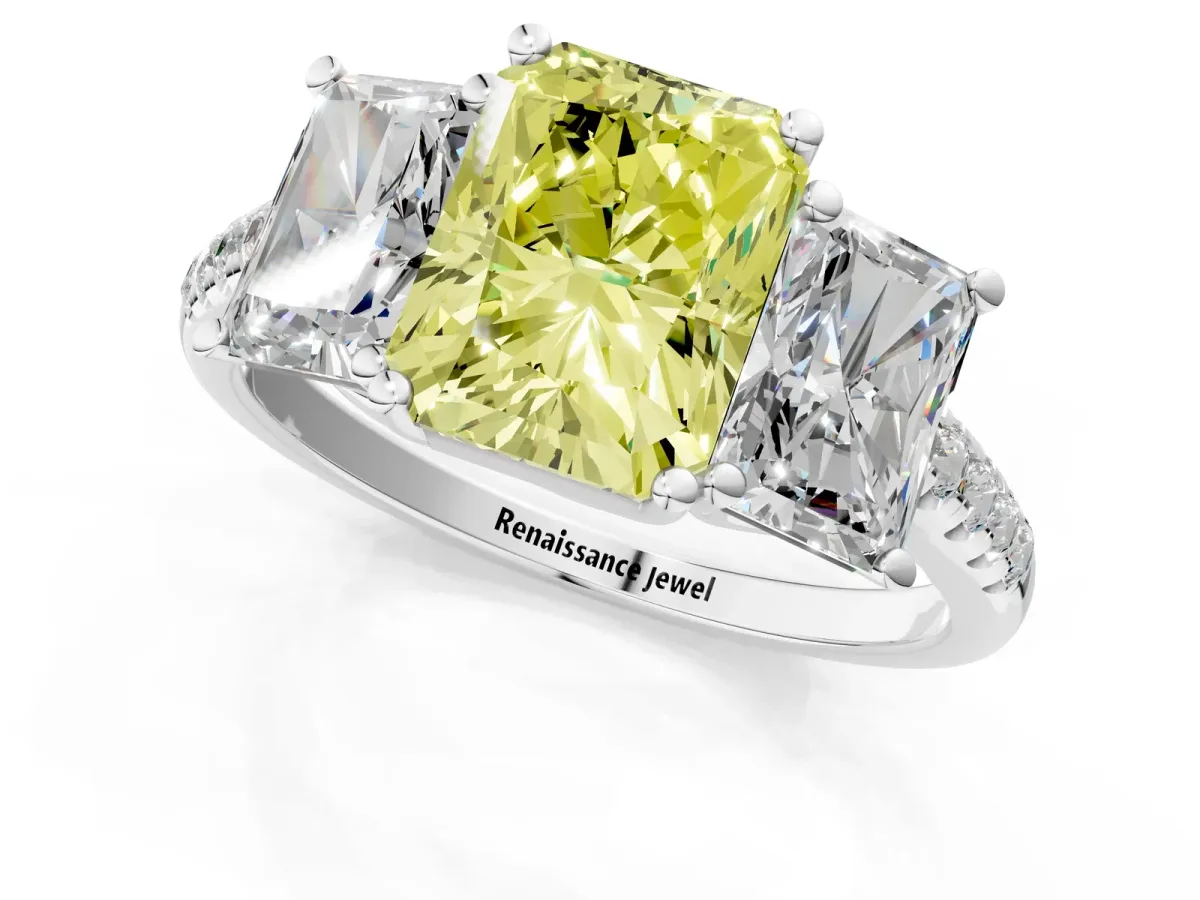 Fancy Yellow Three-Stone Radiant Cut Diamond Ring with Round Pavé Band and Prong Setting Silver