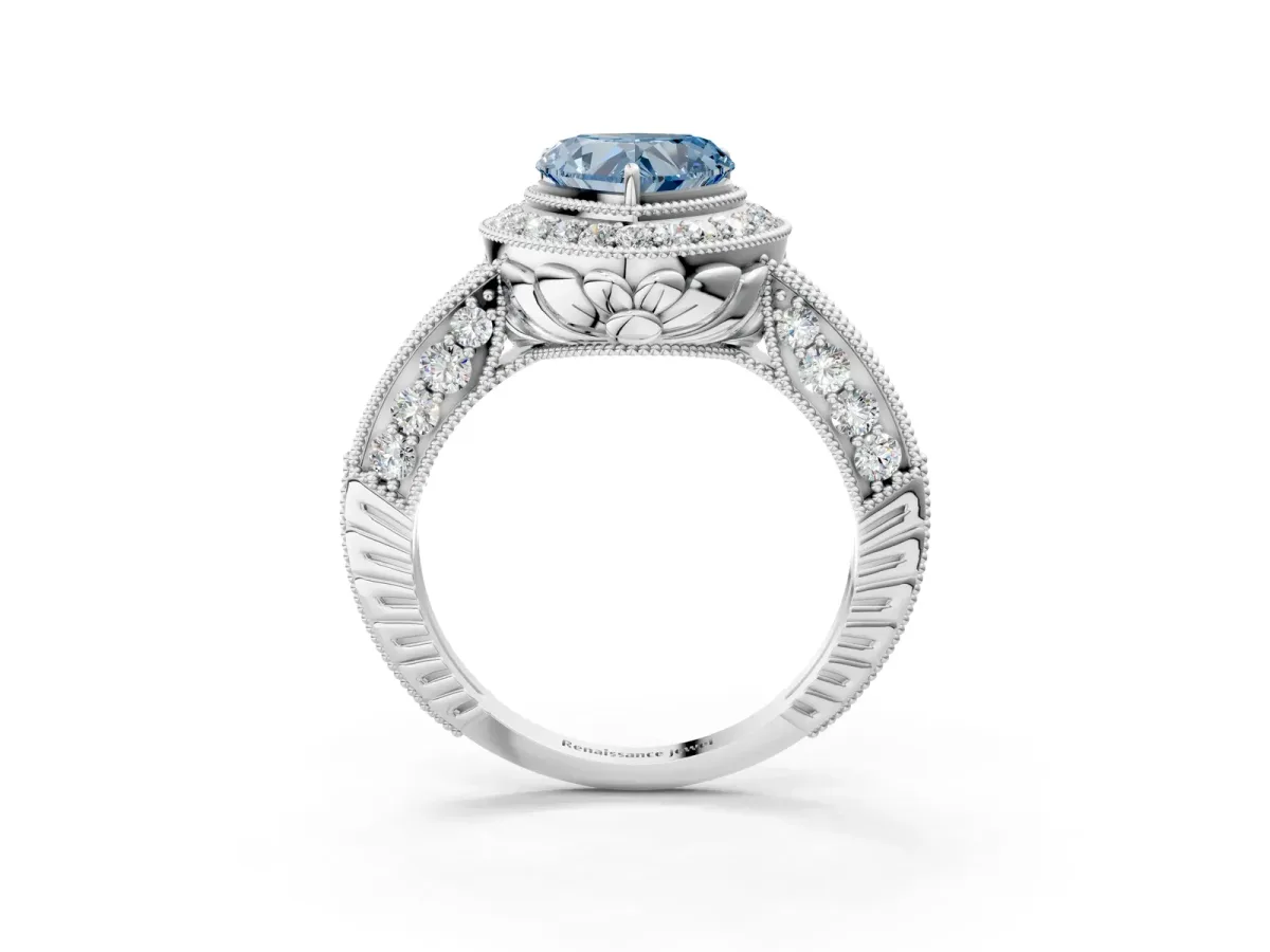 Fancy Blue Heart Cut Halo Diamond Split Shank Ring with Milgrain Detail Platinum