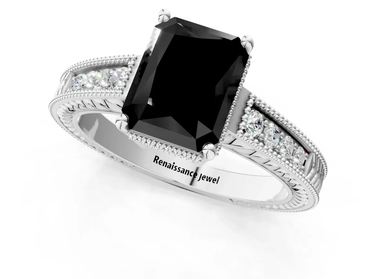 Fancy Black Radiant Cut Cut Diamond Milgrain Pave Band Four-Prong Setting Ring Platinum