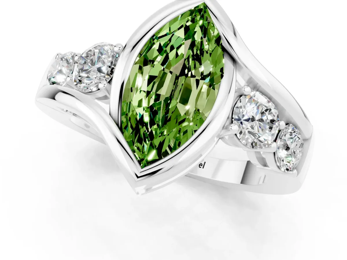 Bezel Set Marquise Cut Peridot Bypass Ring with Round Accents Platinum